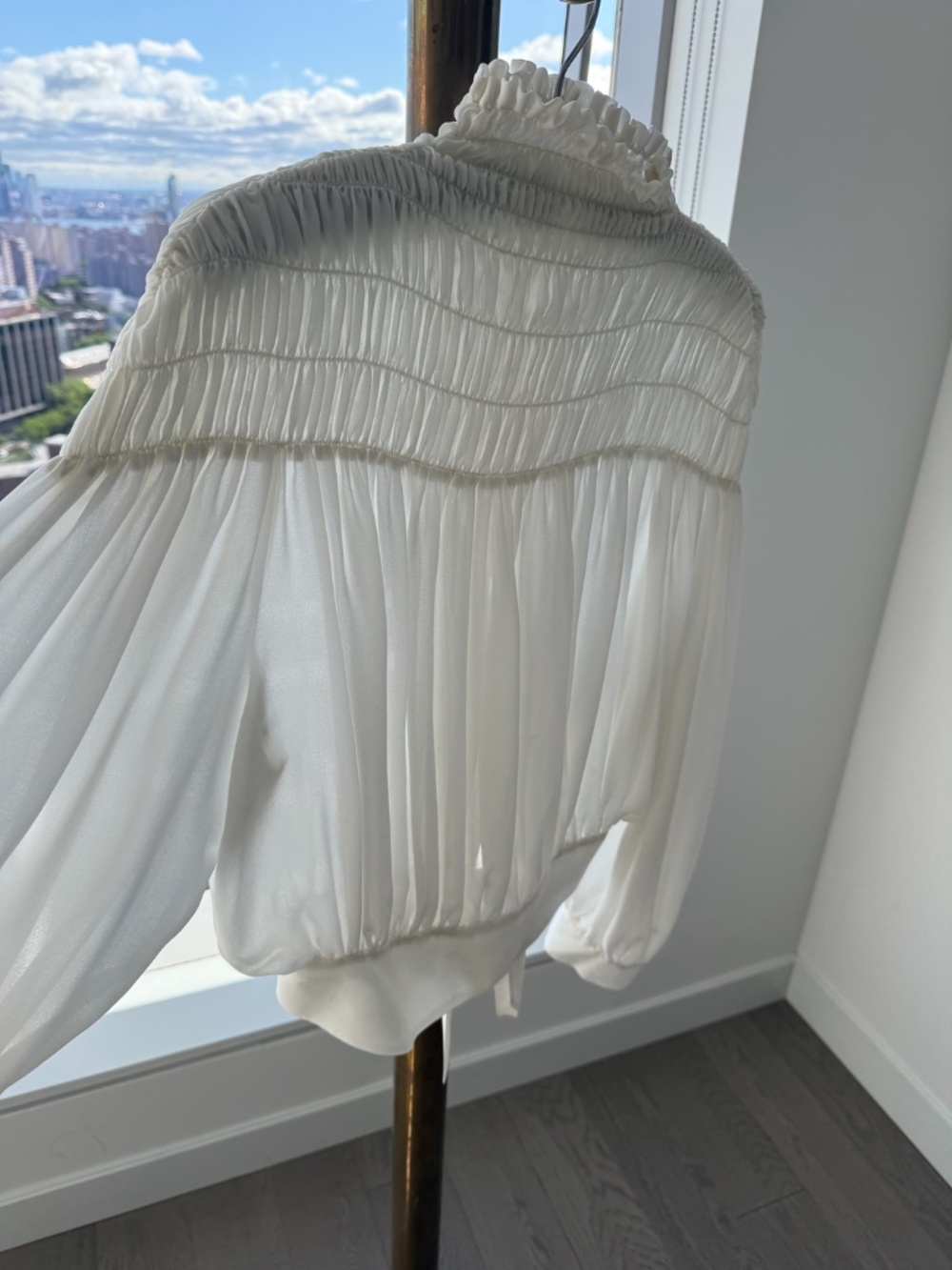 FRAME Ivory Smocked Ruffle Neck Sheer Blouse Size M Mock Neck Long Sleeve